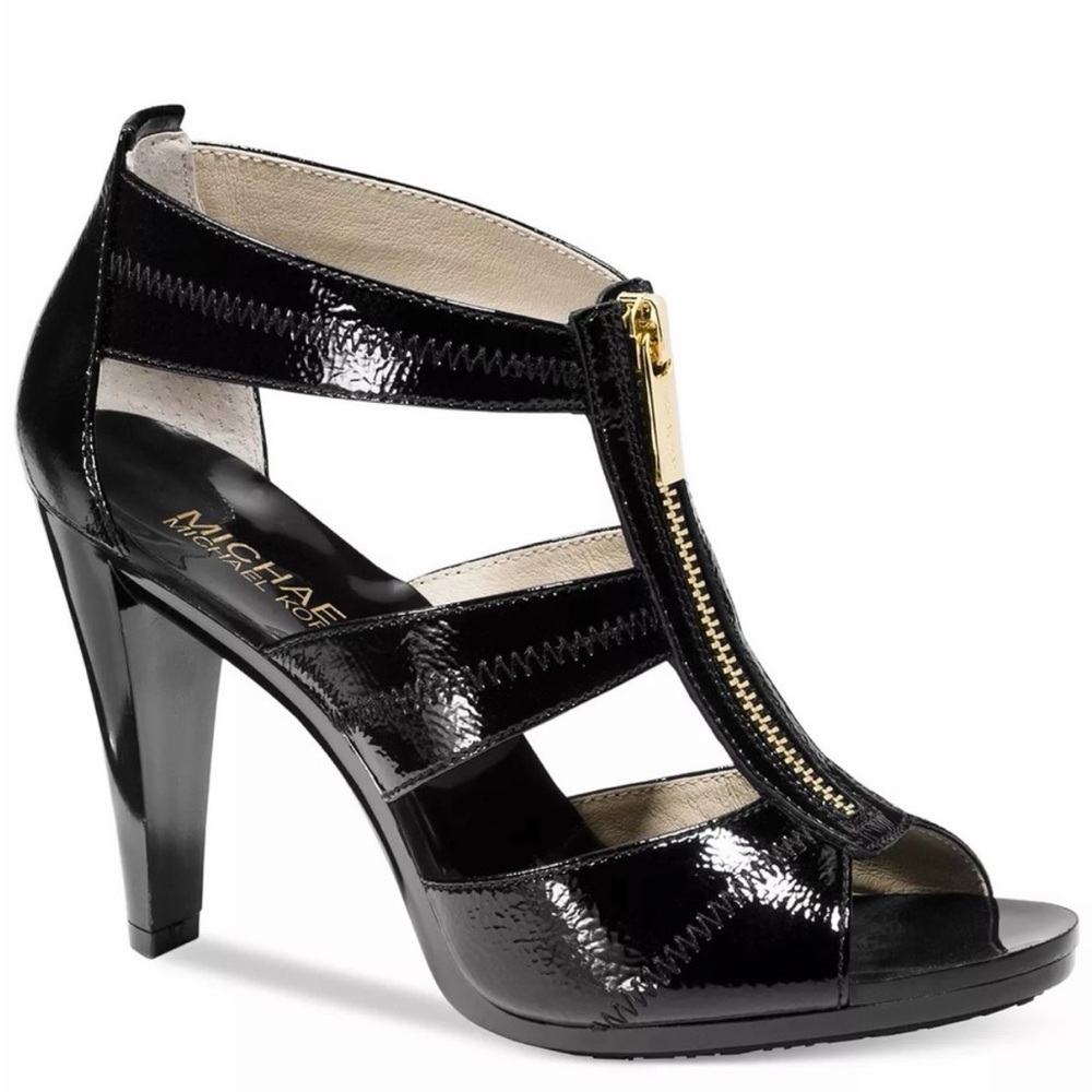 Michael Kors Berkley Women’s Black T-Strap Patent Leather Gold Zipper Heels